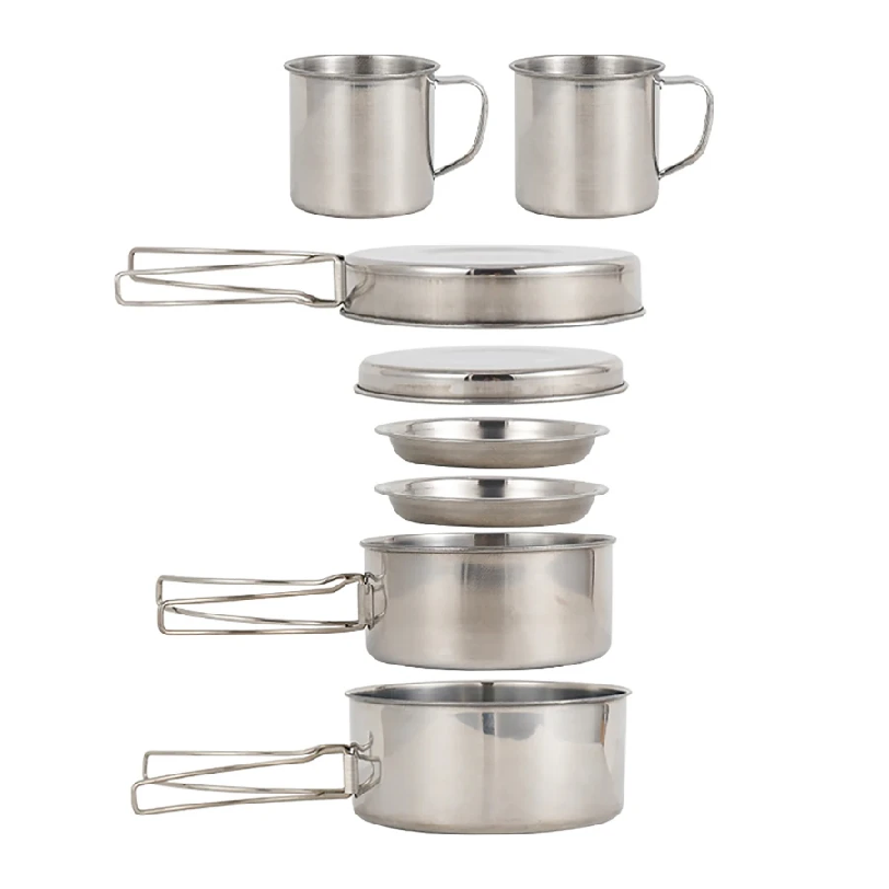 Camping Cooking Pot Set - 8個/セット キャンプ調理器具セット ステンレス製調理鍋とフライパンセット プレートとカップ付き アウトドアハイキングバックパッキング用