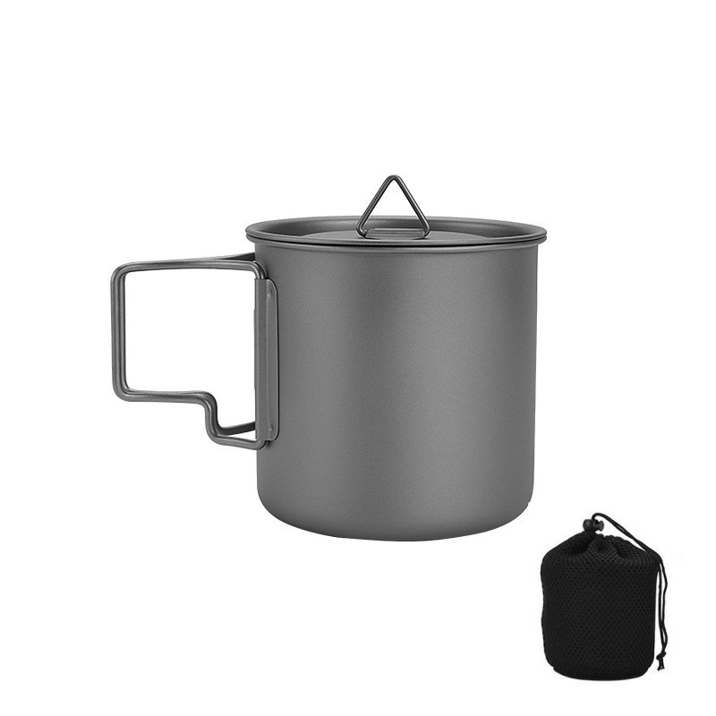 Camping Cooking Pot Set - チタン製キャンプマグ 折りたたみハンドル付き 軽量ポータブルアウトドアカップ クッキングセット ハイキング旅行用調理器具