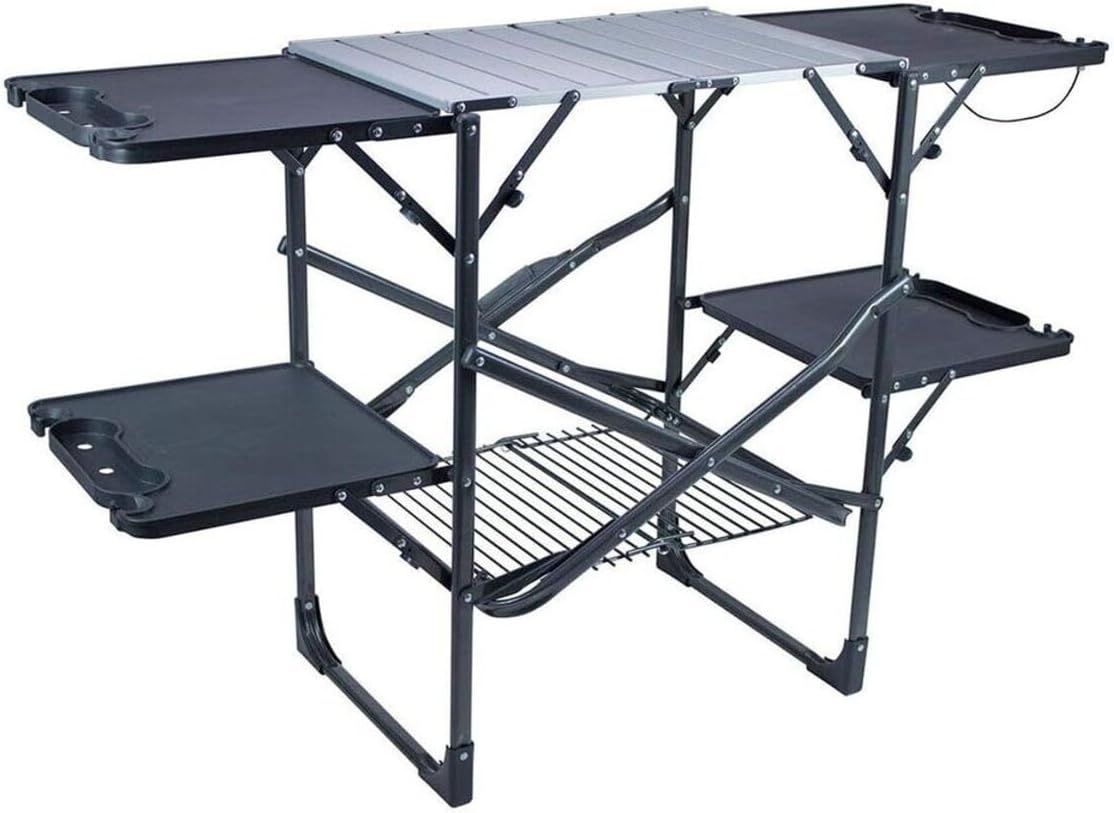 Camping Cooking Kitchen - スリム折りたたみ式ポータブルキャンプキッチンテーブル、耐熱トップサイドシェルフ、収納ラック、ペーパータオルホルダー、ピクニックや屋外調理用クックステーション（ブラック）