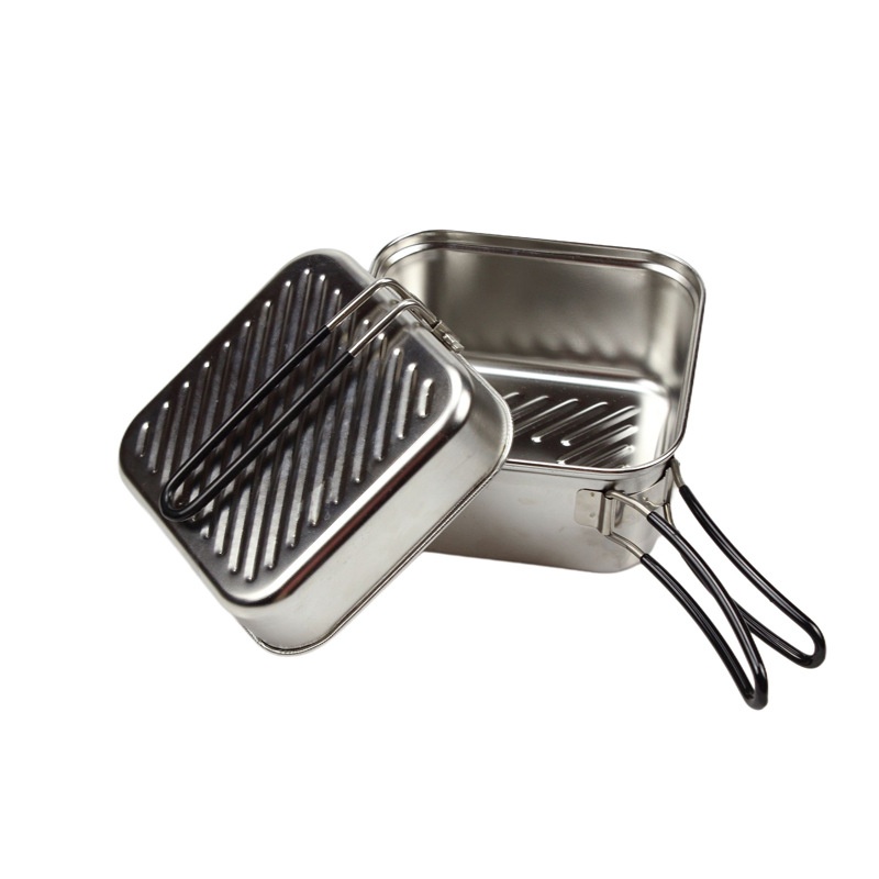 Camping Cooking Frying Pan - 屋外調理用ステンレス製キャンプ鍋セット 軽量1.1L折りたたみ式携帯用正方形ピクニックスープポットフライパン EVCH--004S