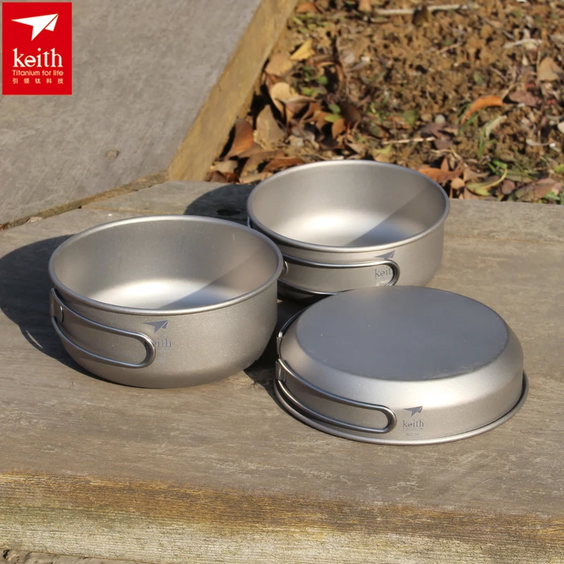 Camping Cooking Kitchen - キース 3 個チタン調理器具パンボウルセット折りたたみハンドルクックセット屋外旅行狩猟キャンプ調理セット Ti6053