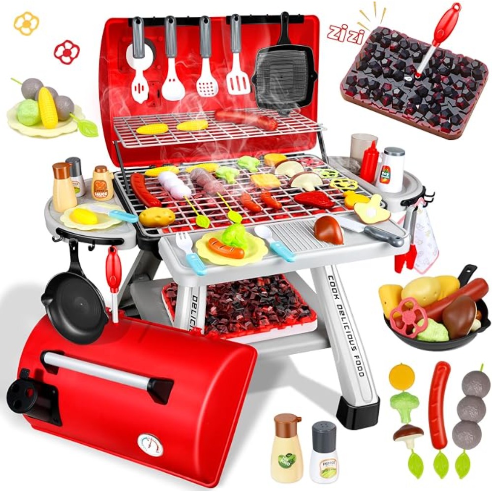 Camping Cooking Gifts - バーベキューグリルおもちゃセット子供用バーベキューごっこ遊びキッチンプレイセット煙音ライトシミュレーションキャンプ調理食品おもちゃギフト