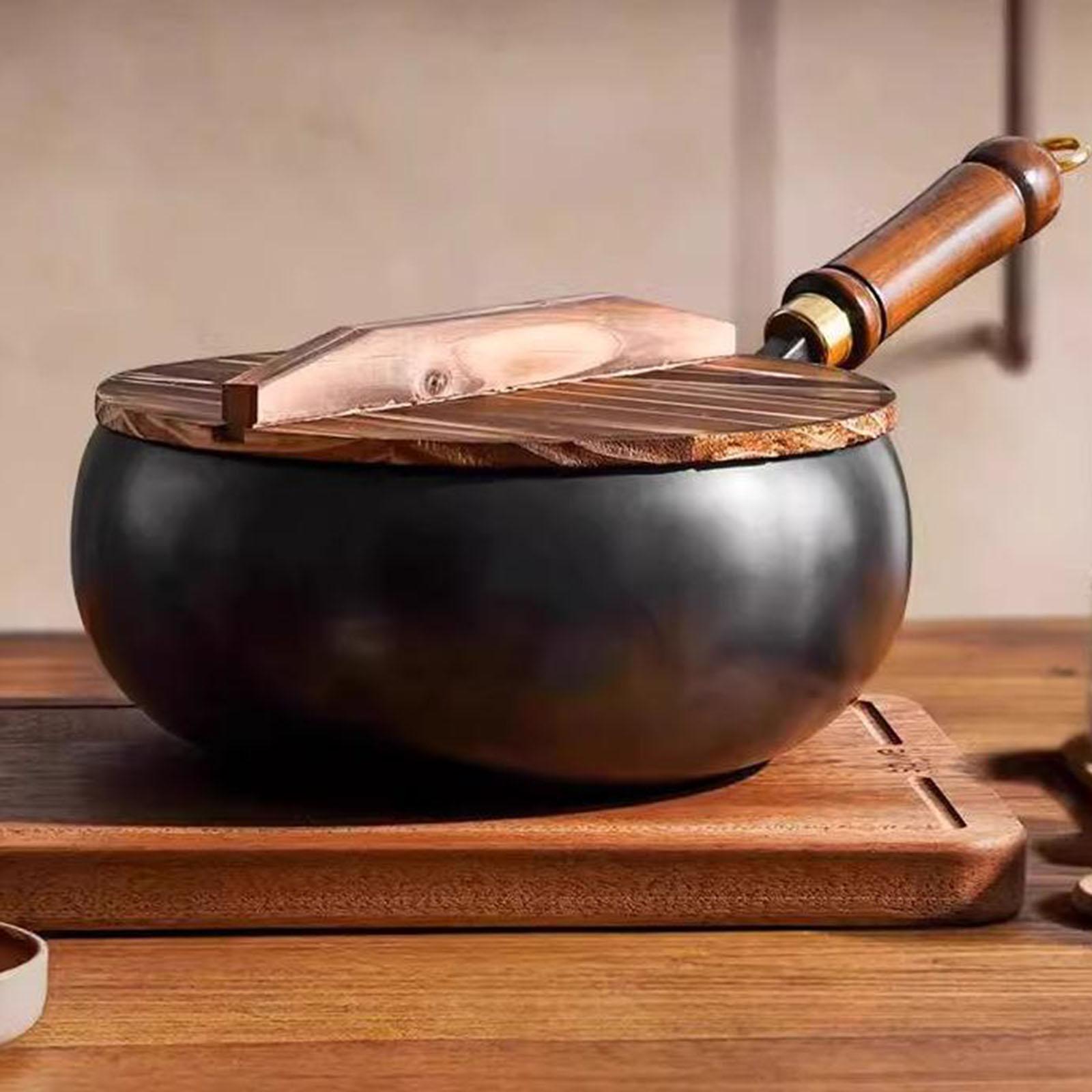 Camping Cooking Cast Iron - 非コーティング中華鍋中華鍋木製蓋沸騰ハンドル調理器具ガス調理中華鍋平底中華鍋ホテルキャンプレストラン用