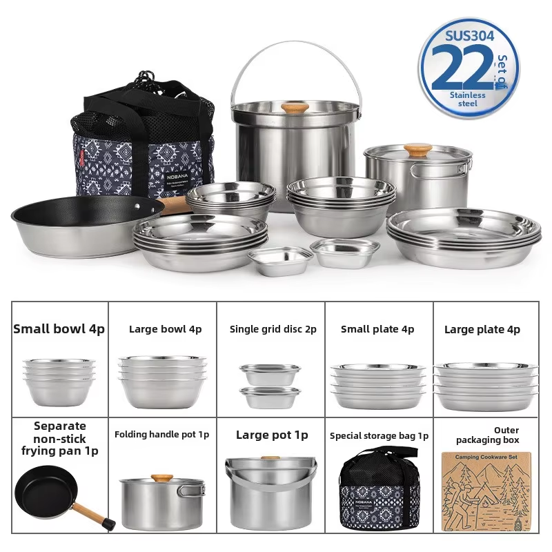 Camping Cooking Frying Pan - NOBANA 最新の屋外ステンレス鋼ポットセットキャンプファミリーポットセット 5L ポータブルピクニックスープポット揚げ蒸し家庭用ポット