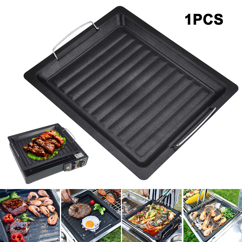 Camping Cooking Kitchen - 屋外用厚い四角グリルパン 2つのハンドル付き ポータブルノンスティックグリルパン ベーキングトレイ 外出用 バーベキュー