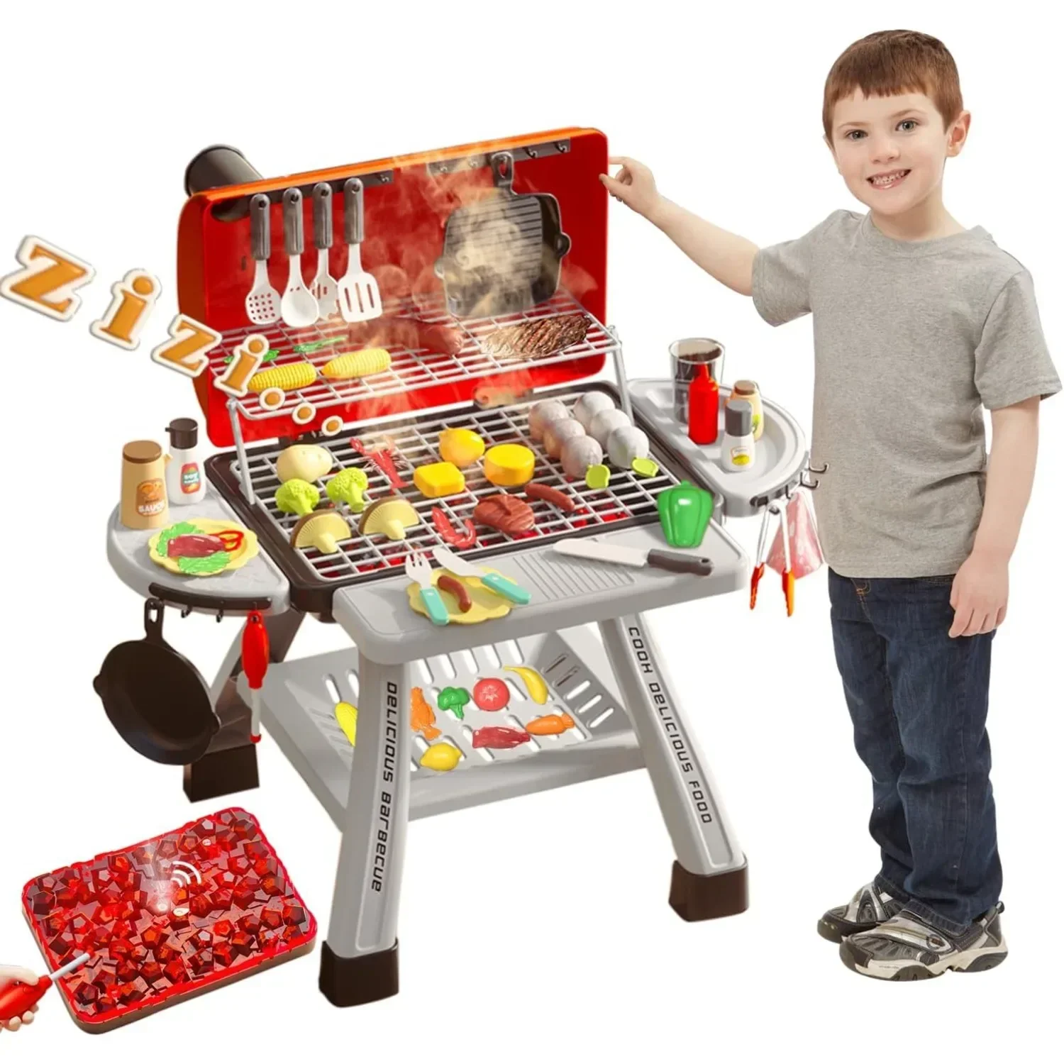 Camping Cooking Gifts - バーベキューグリルおもちゃセット子供用バーベキューごっこ遊びキッチンプレイセット煙音ライトシミュレーションキャンプ調理食品おもちゃギフト