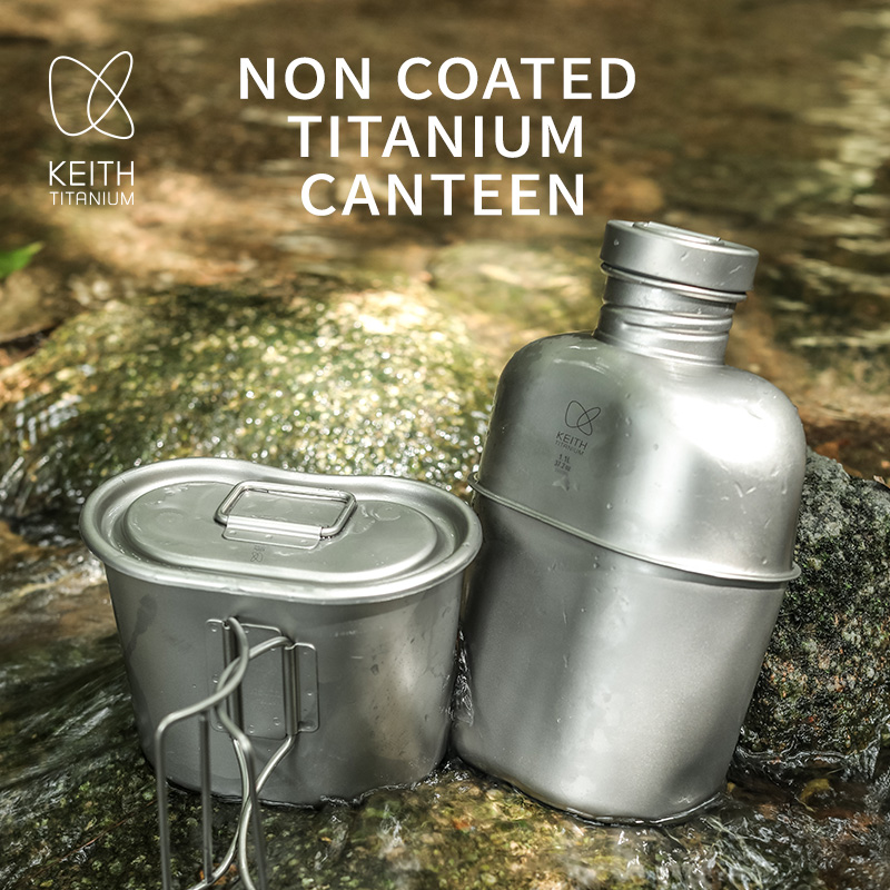Camping Cooking Pot Set - KEITH 純チタン製キャンティーン メスキット、超軽量ウォーターボトル＆クッキングポットセット、ポーチ付き、アウトドアキャンプハイキング用 TI3060