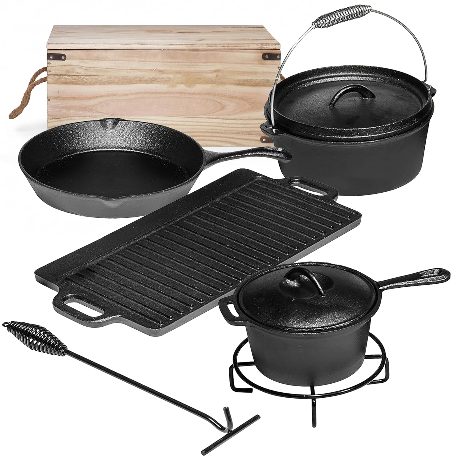 Camping Cooking Cast Iron - キャンプ用調理器具7点セット。 プレシーズン加工済みの鋳鉄製鍋とフライパン、蓋付きダッチオーブン、屋外焚き火用 グリル調理器具