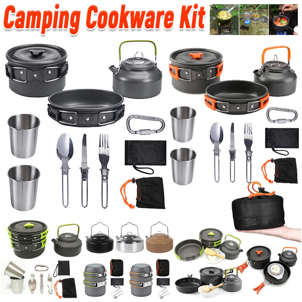 Camping Hiking Cooking - キャンプ調理器具キット ケトル ポット パン クックセット ポータブル