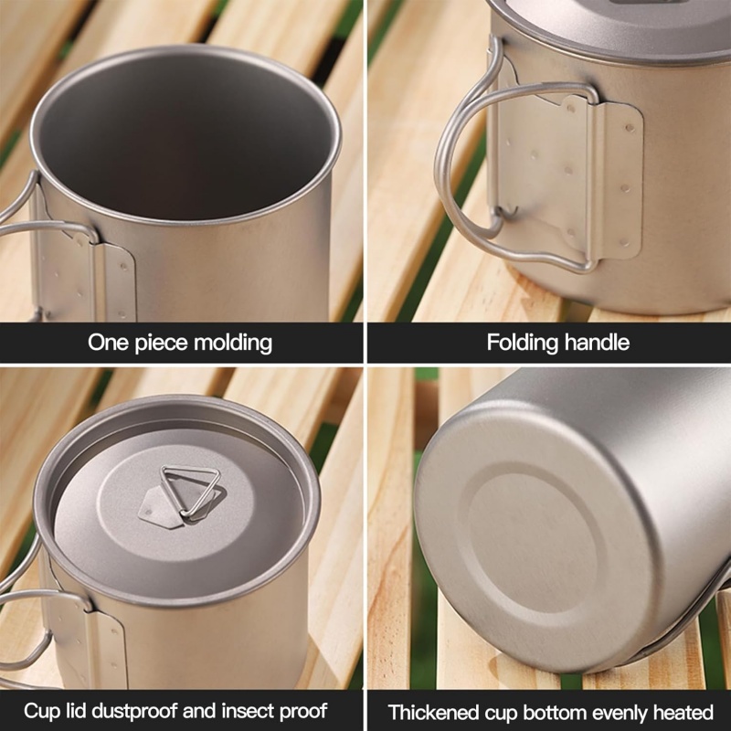 チタン製キャンプマグ 折りたたみハンドル付き 軽量ポータブル - Camping Cooking Pot Set のレビューと価格