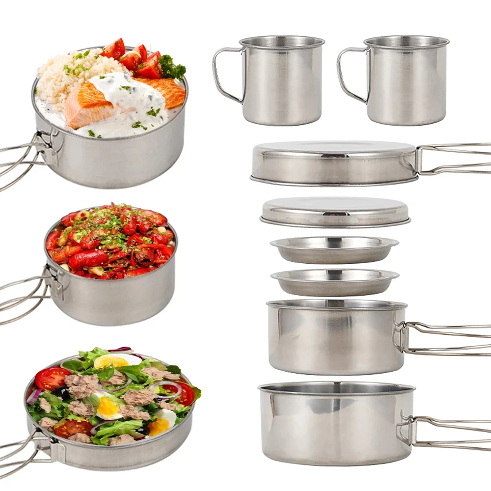 8個/セット キャンプ調理器具セット ステンレス製鍋とフライ - Camping Cooking Pot Set のレビューと価格