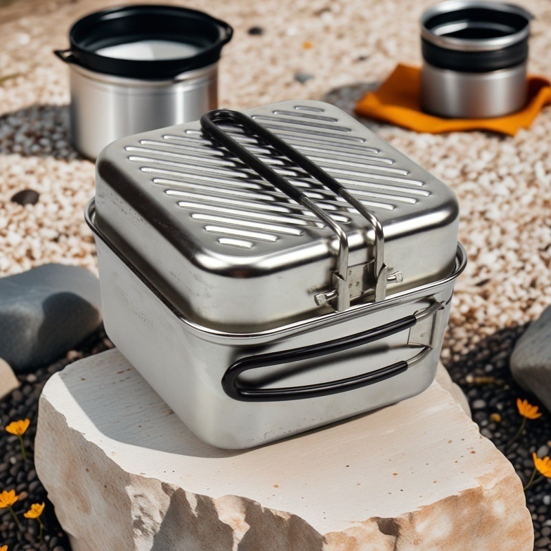 屋外調理用ステンレス製キャンプ鍋セット 軽量1.1L折りたた - Camping Cooking Frying Pan のレビューと価格