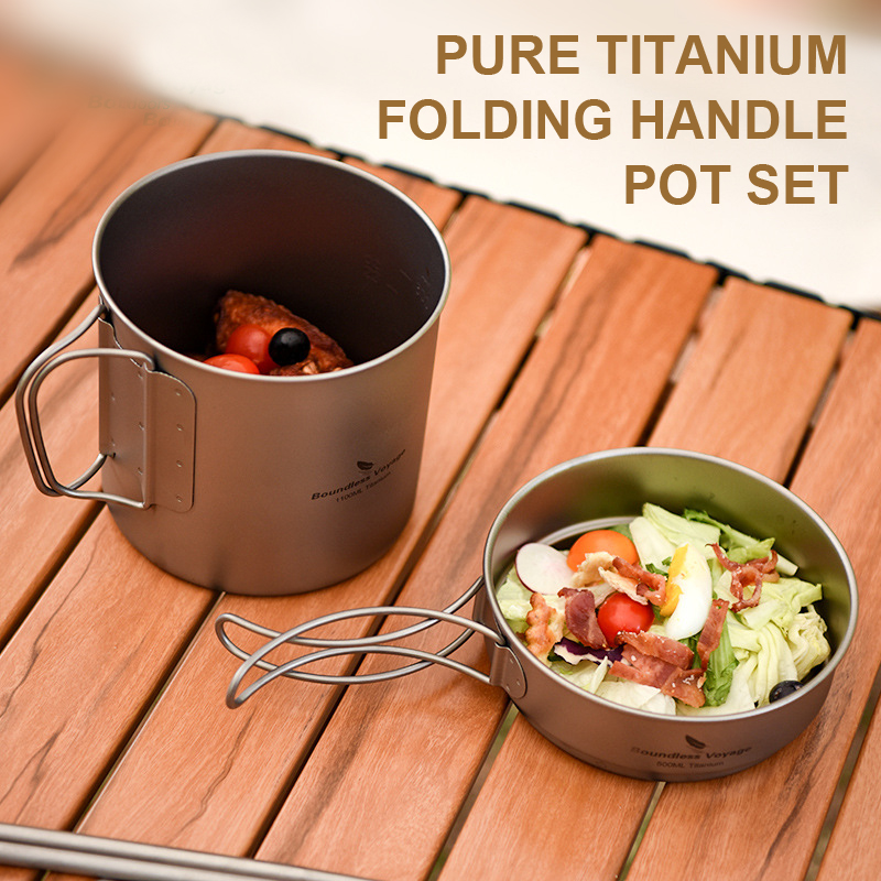 純チタン折りたたみハンドルポットセット、超軽量ポータブル、ア - Camping Cooking Frying Pan のレビューと価格