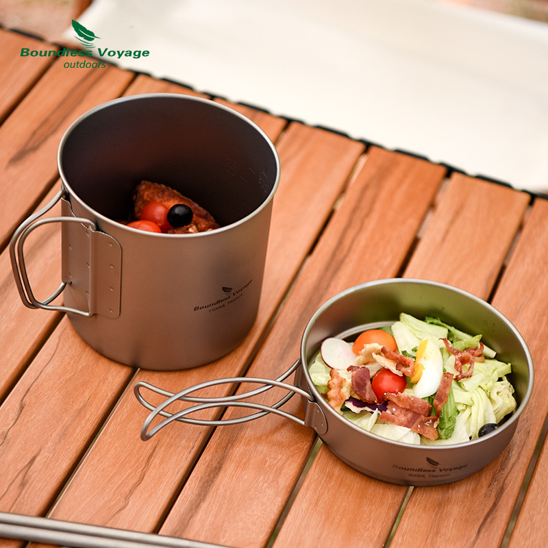 純チタン折りたたみハンドルポットセット、超軽量ポータブル、ア - Camping Cooking Frying Pan のレビューと価格