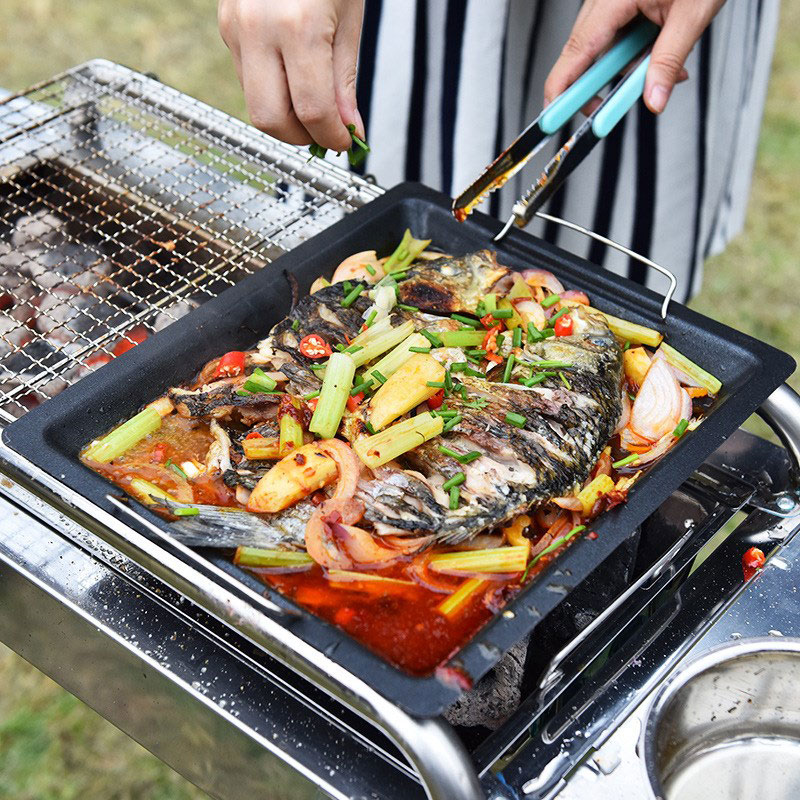 屋外用厚い四角グリルパン 2つのハンドル付き ポータブルノン - Camping Cooking Kitchen のレビューと価格