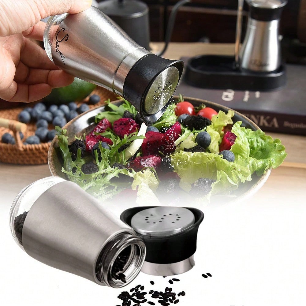 ステンレス鋼の蓋付きの塩とコショウのシェーカー、ガラス底、調 - Camping Cooking Gifts のレビューと価格