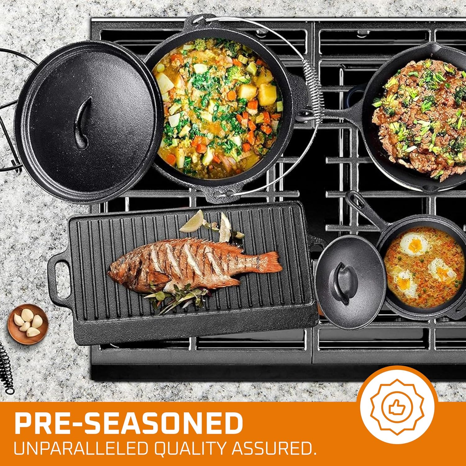 キャンプ用調理器具7点セット。 プレシーズン加工済みの鋳鉄製 - Camping Cooking Cast Iron のレビューと価格